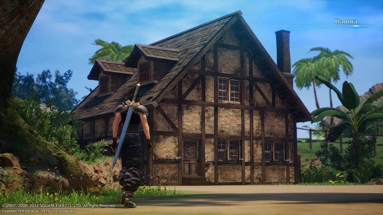 Zack en un paisaje tropical andando hacia una casa hecha de madera, el paisaje es playero cocotero y de día